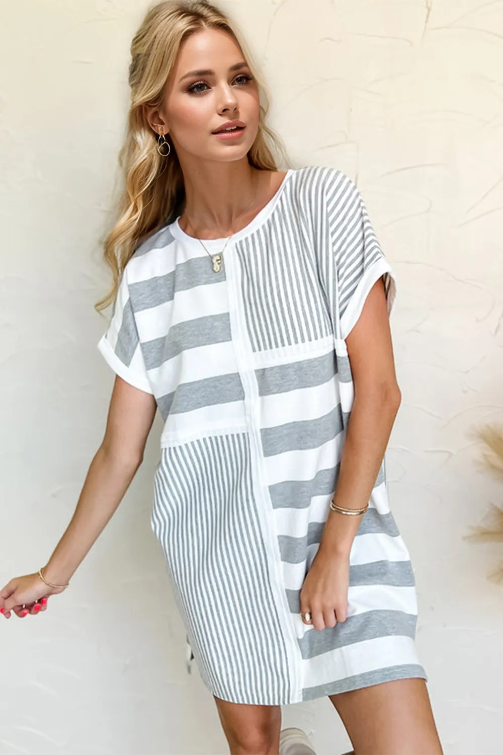 Full Size Striped Round Neck Short Sleeve Mini Tee Dress, image 3