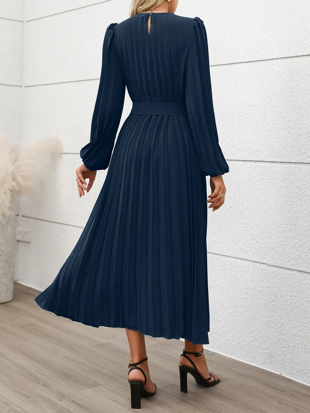 Pleated Round Neck Long Sleeve Dress, image 4