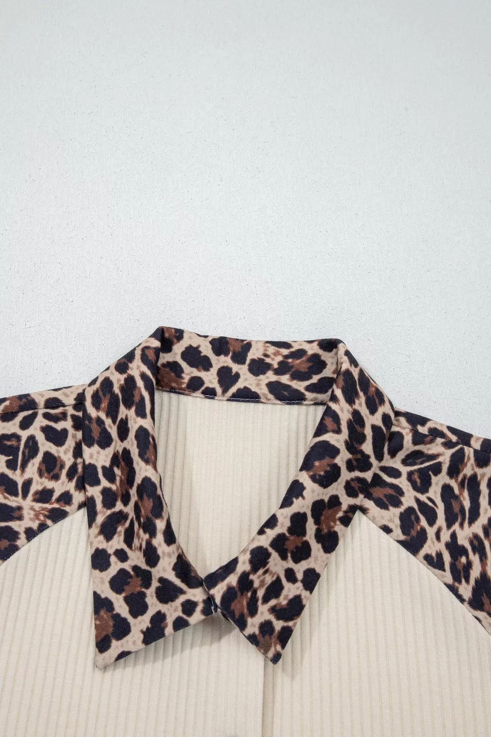 Ribbed Texture Button Down Leopard Patchwork Short Sleeve Shirt, image 4