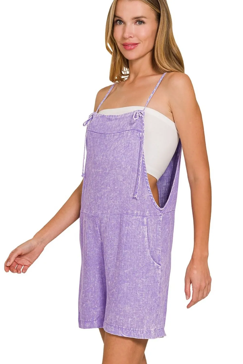Washed Linen Knot Strap Rompers, image 3
