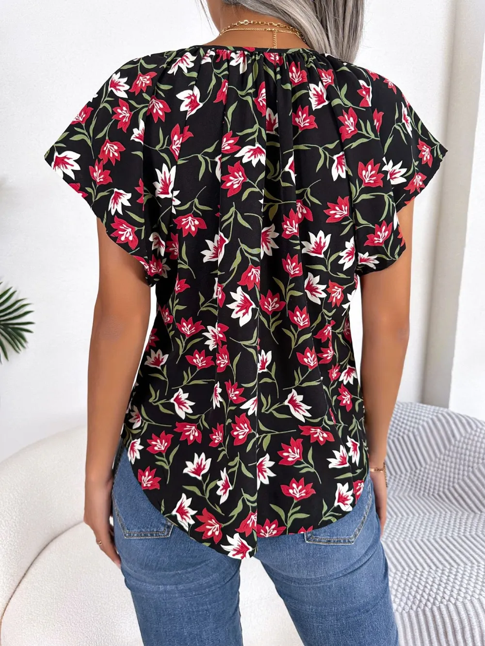 Floral Tie Neck Flutter Sleeve Blouse, image 6