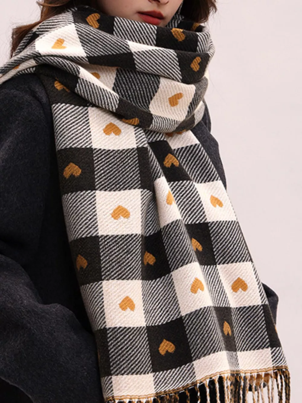 Heart Pattern Plaid Tassel Scarf, image 5