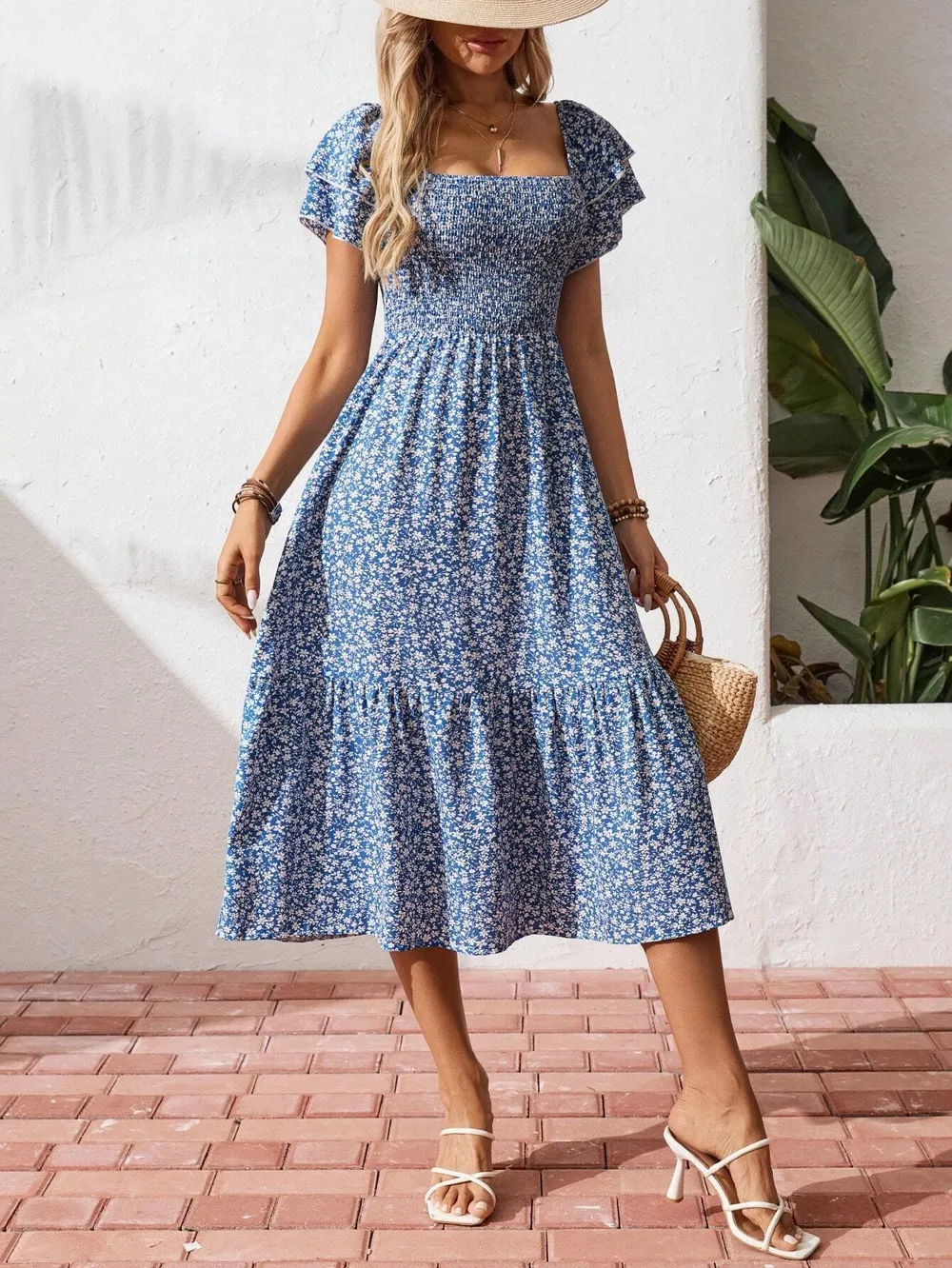 Floral Smocked Square Neck Midi Dress, image 5