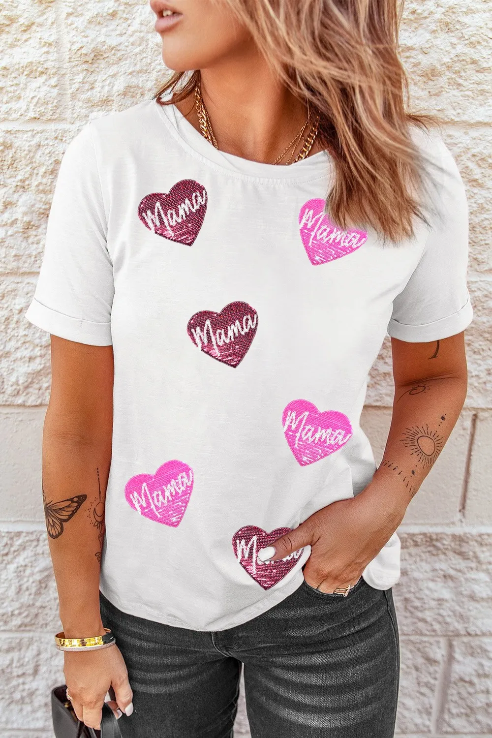 MAMA Heart Shape Sequin Patched Crew Neck T Shirt, image 6