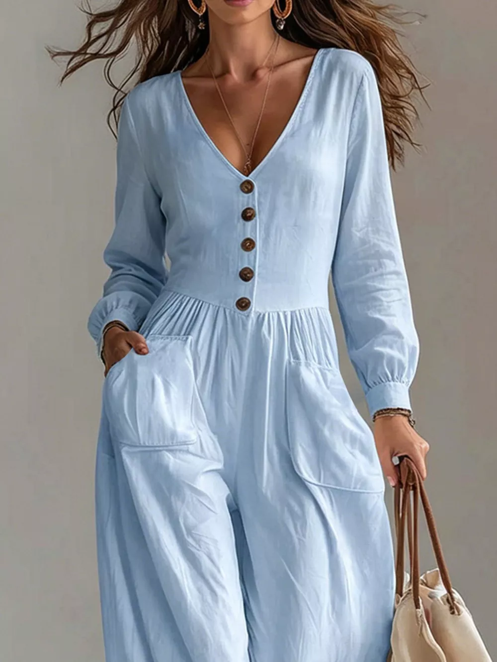 V-Neck Long Sleeve Button-Down Wide Leg Jumpsuit, image 12