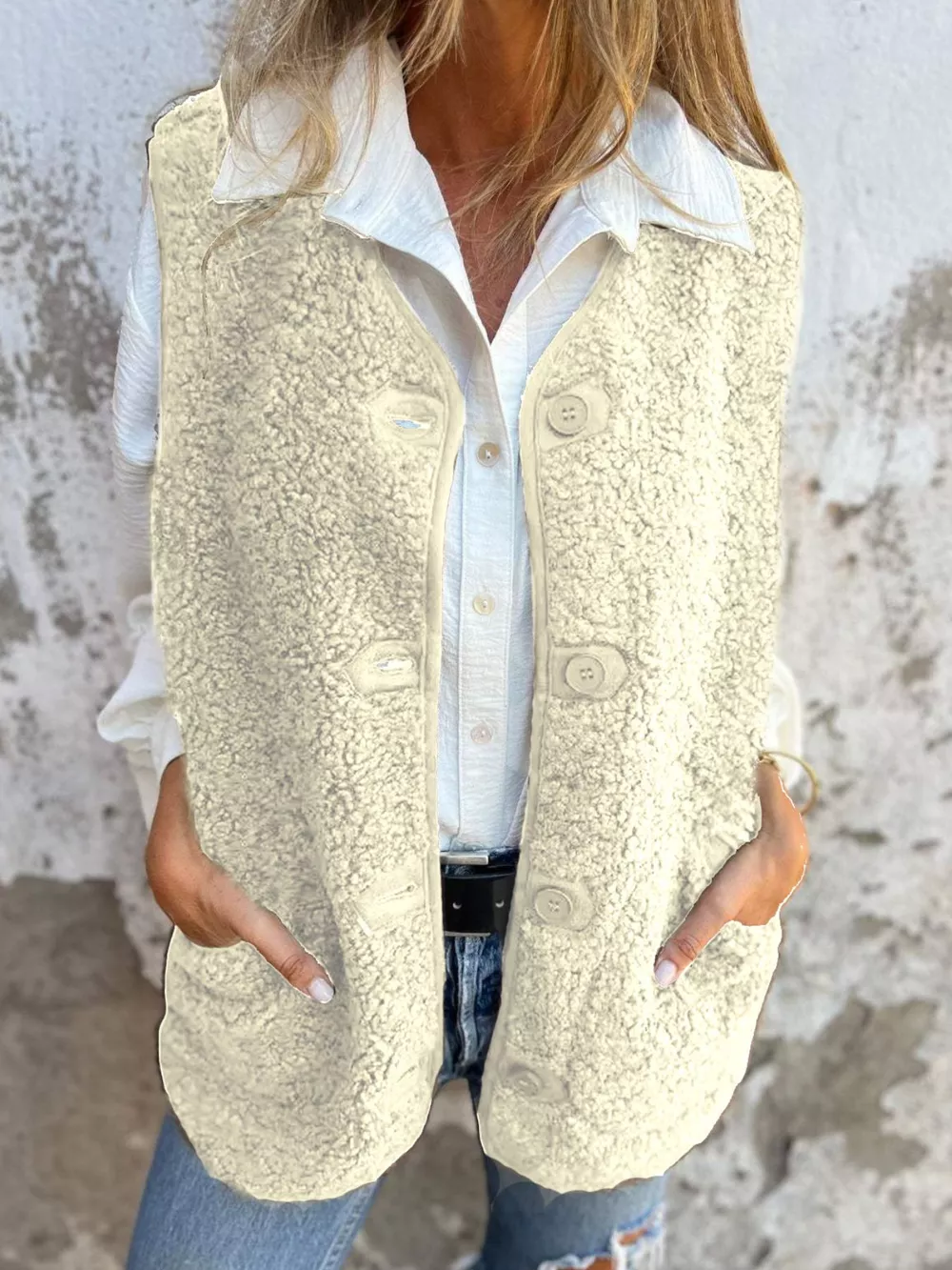 Full Size Cozy Sherpa Fleece Button-Up Vest Coat with Pockets Plus Size, image 10