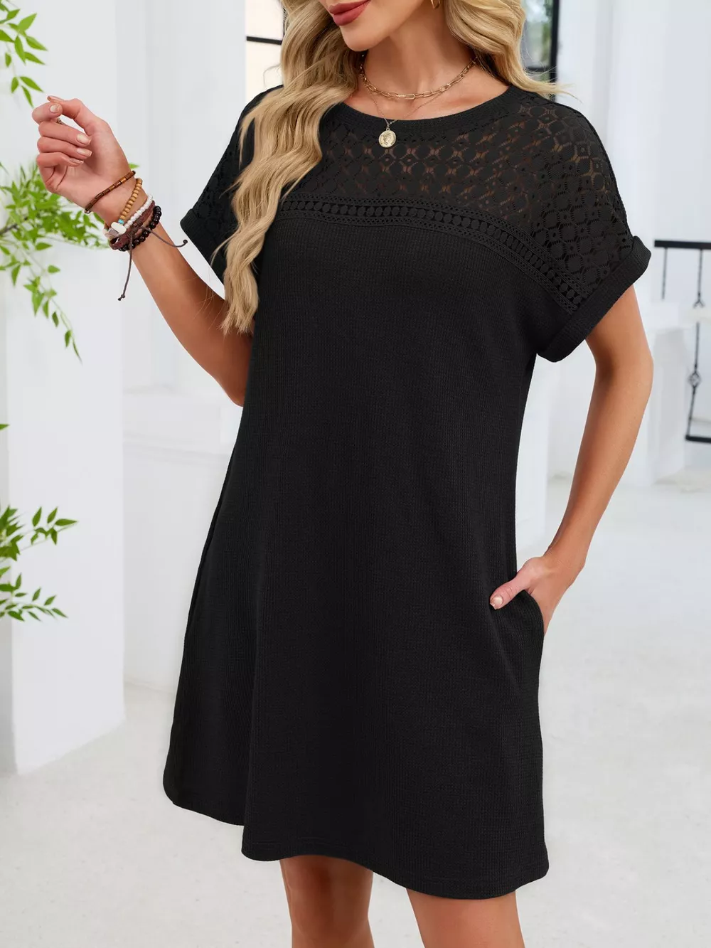 Lace Round Neck Short Sleeve T-Shirt Dress, image 36