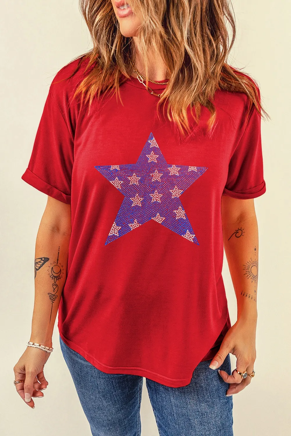 Patriotic Star Round Neck T-Shirt, image 7