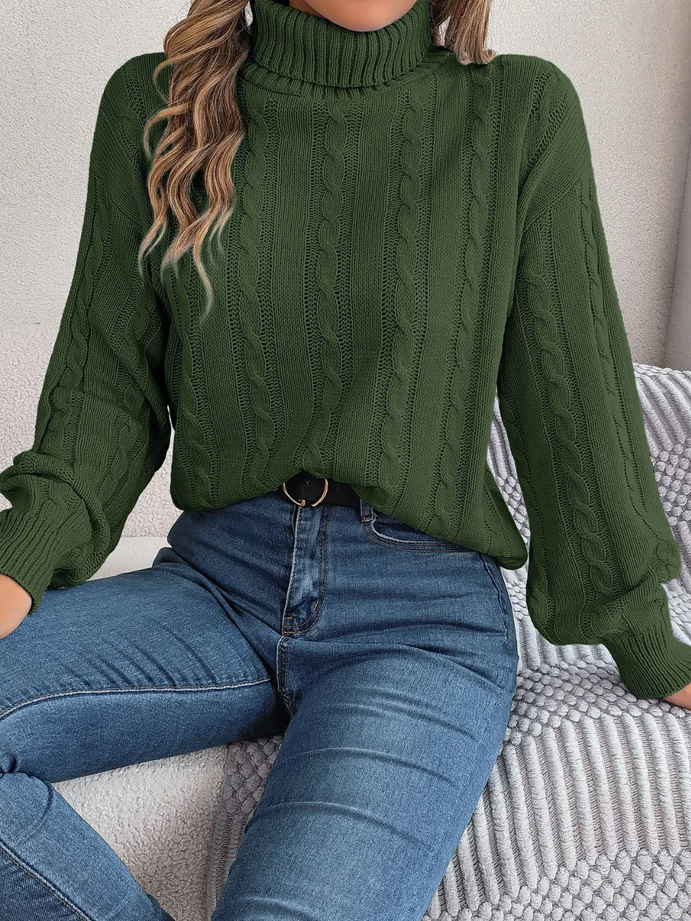 Cable-Knit Turtleneck Dropped Shoulder Sweater, image 12