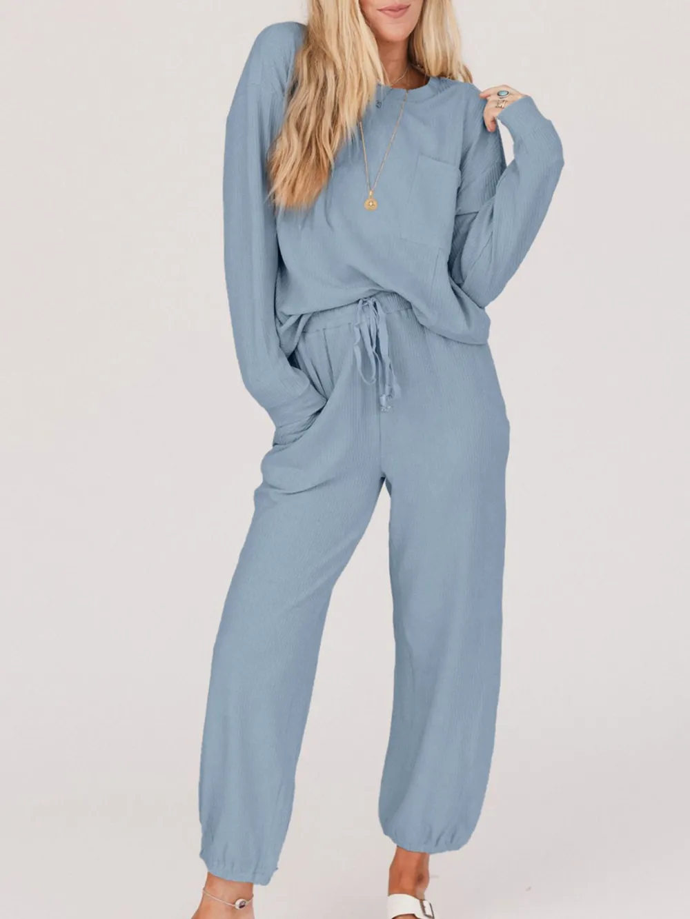 Ribbed Round Neck Sweatshirt and Drawstring Pants Set, image 4