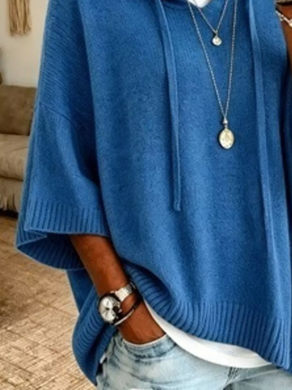 Full Size Casual Hooded Batwing Sleeve Knit Sweater Plus Size, image 4