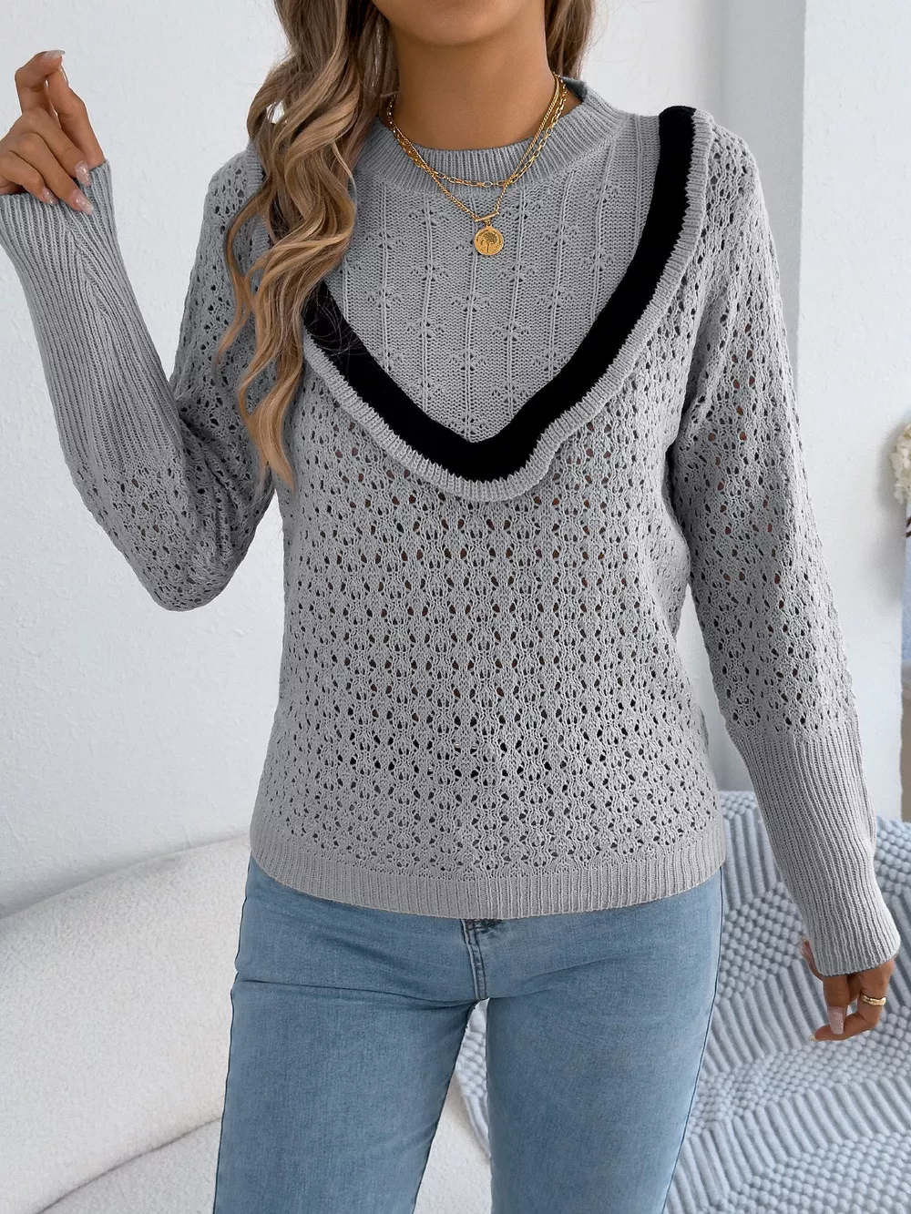 Hollow-Out Knit Top with Contrast Trim, image 11