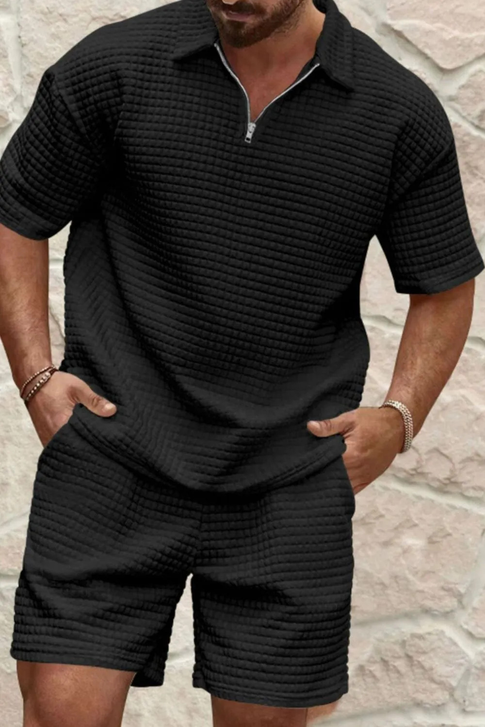 Men's Full Size Zip Collar Short Sleeve Top and Shorts Set Plus Size, image 3