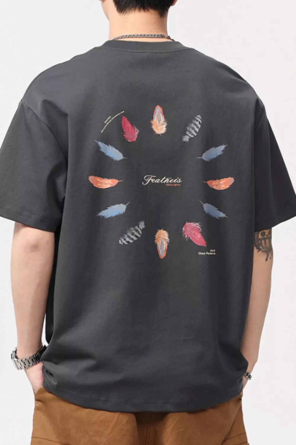 Men's Plus Size Feather Print Casual T-Shirt, image 2