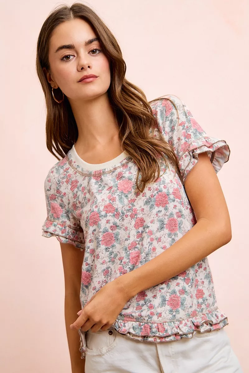 BiBi Rose Printed Slub Knit Ruffled Sleeves Top, image 9