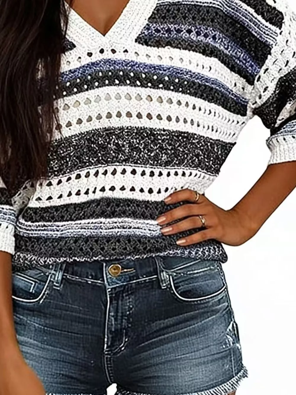 Chic Striped Crochet Knit Top, image 12