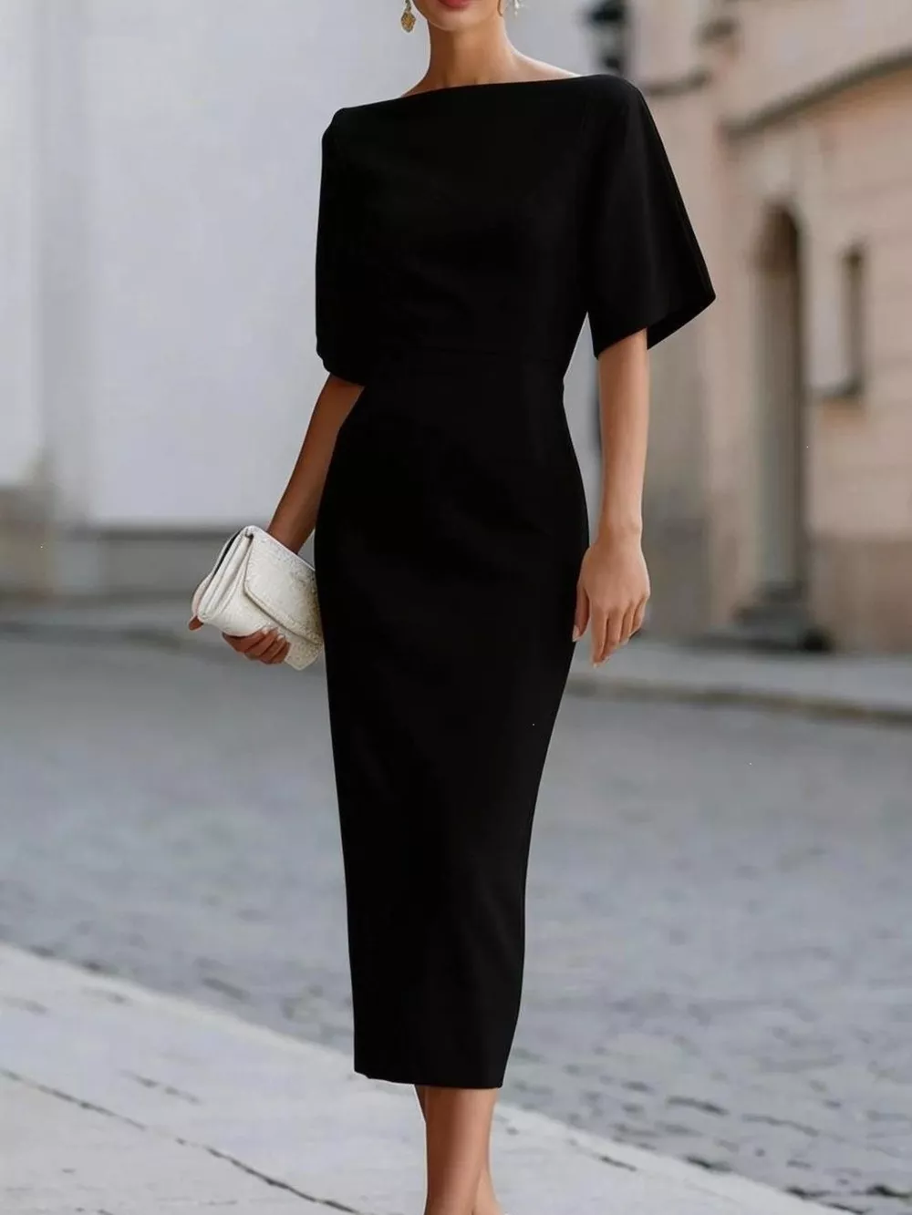 Half Sleeve Boat Neck Midi Dress, image 5
