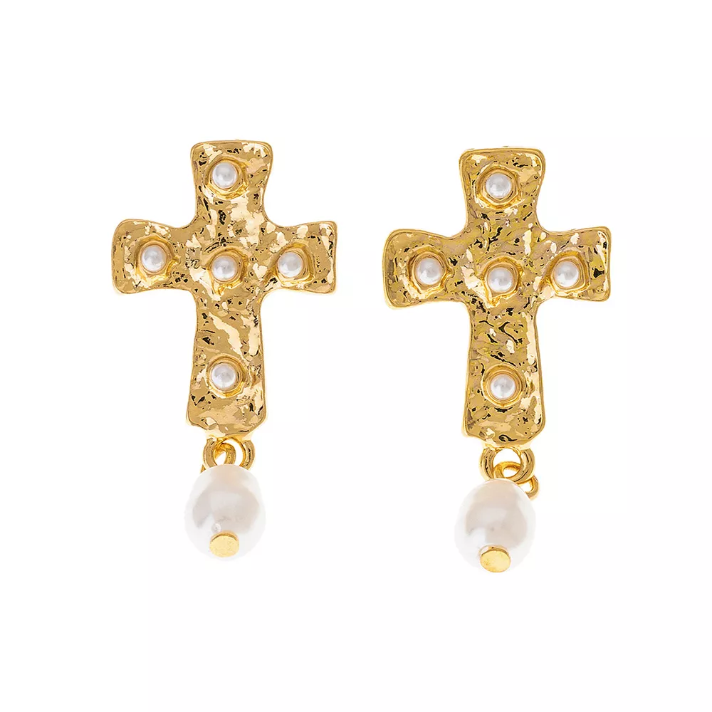 18K Gold-Plated Synthetic Pearl Cross Drop Earrings, image 5