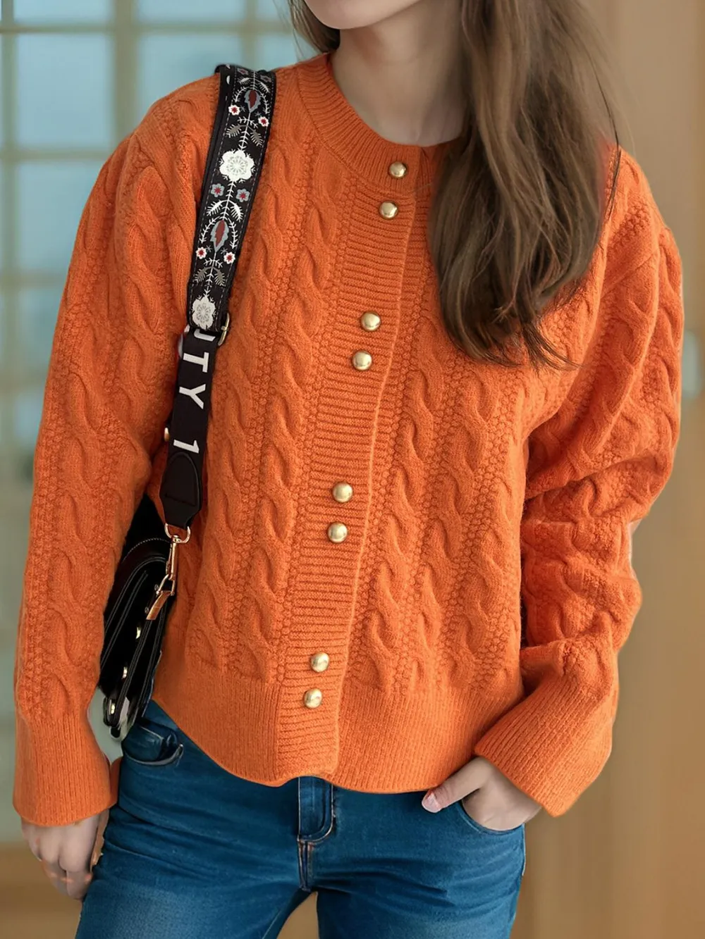 Cable-Knit Round Neck Long Sleeve Cardigan, image 24