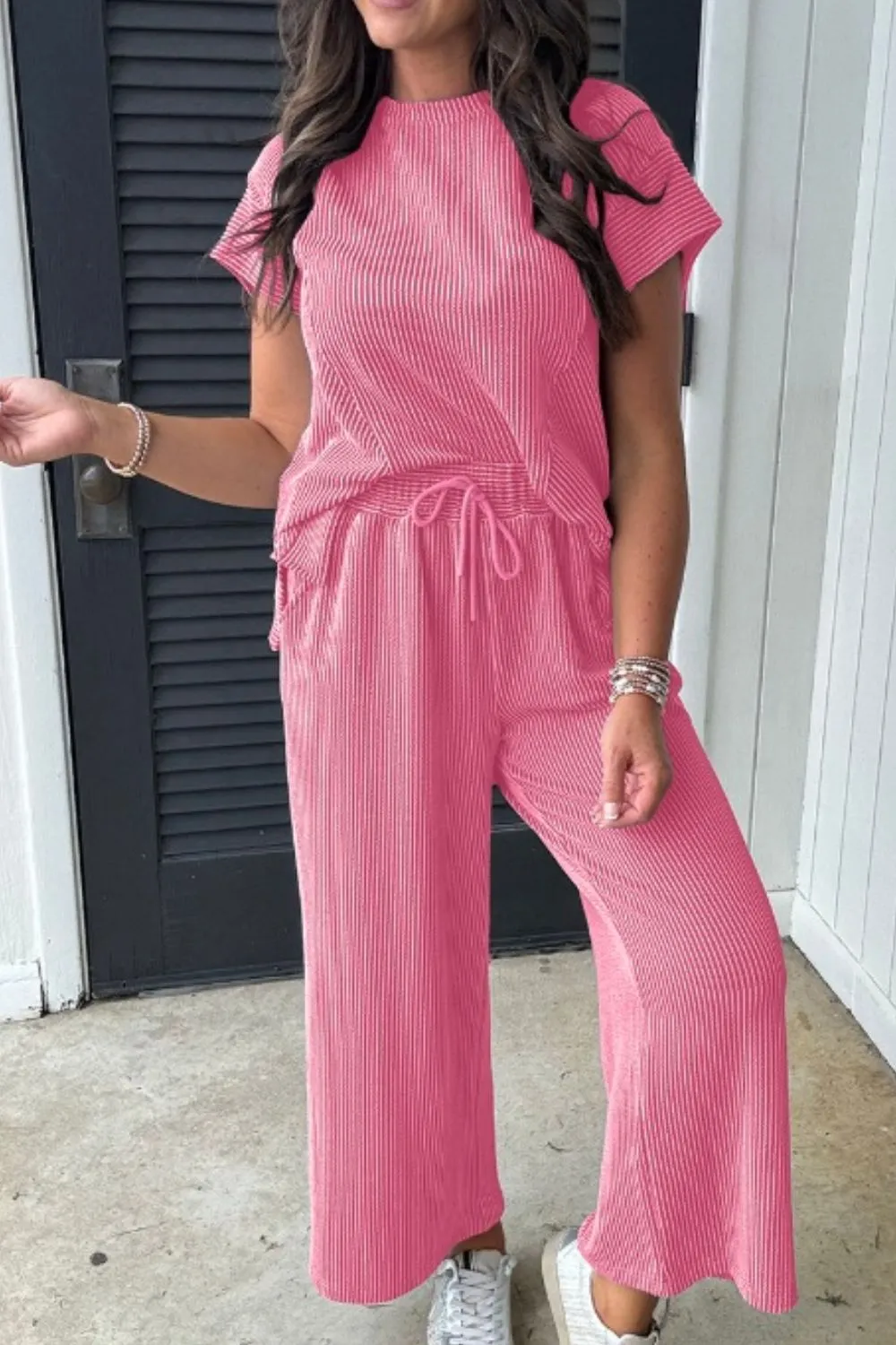 Corded Knit Short Sleeve T-Shirt and Wide Leg Pants Set, image 21