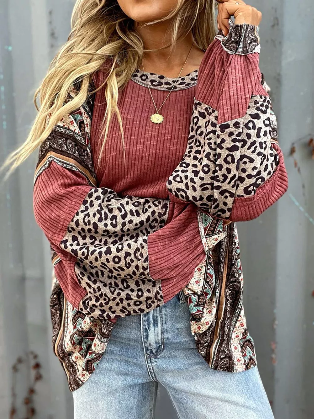Leopard Color Block Ribbed Top, image 5