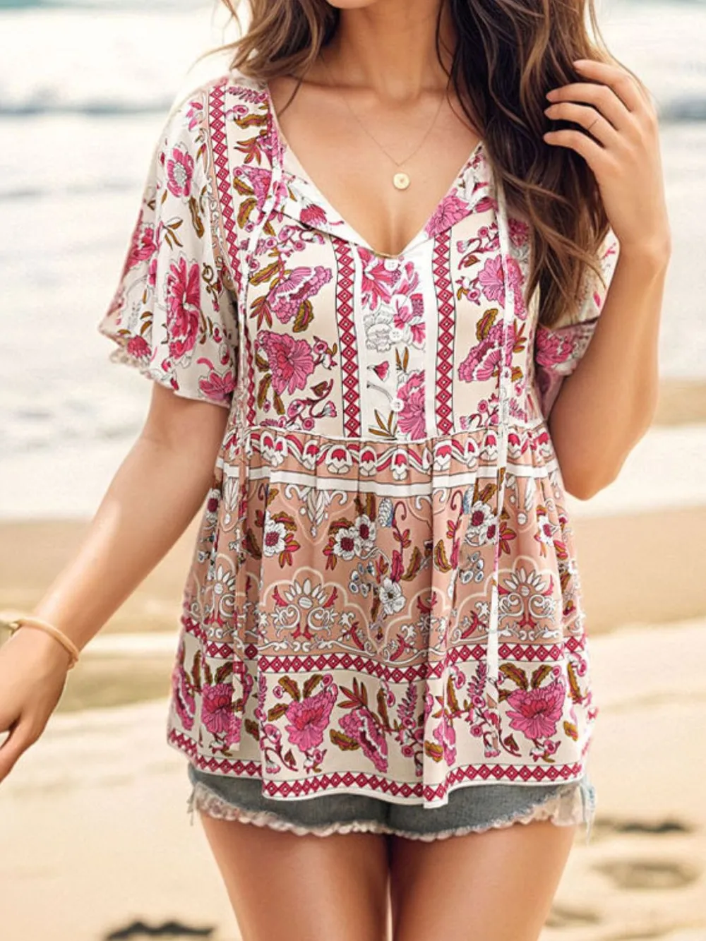 Floral Print Tie Neck Flutter Sleeve Blouse, image 12