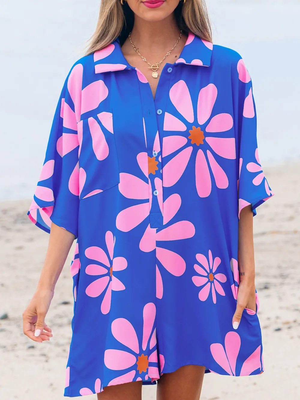 Summer Flower Print Shirt Collar Button Front Loose Romper, image 4