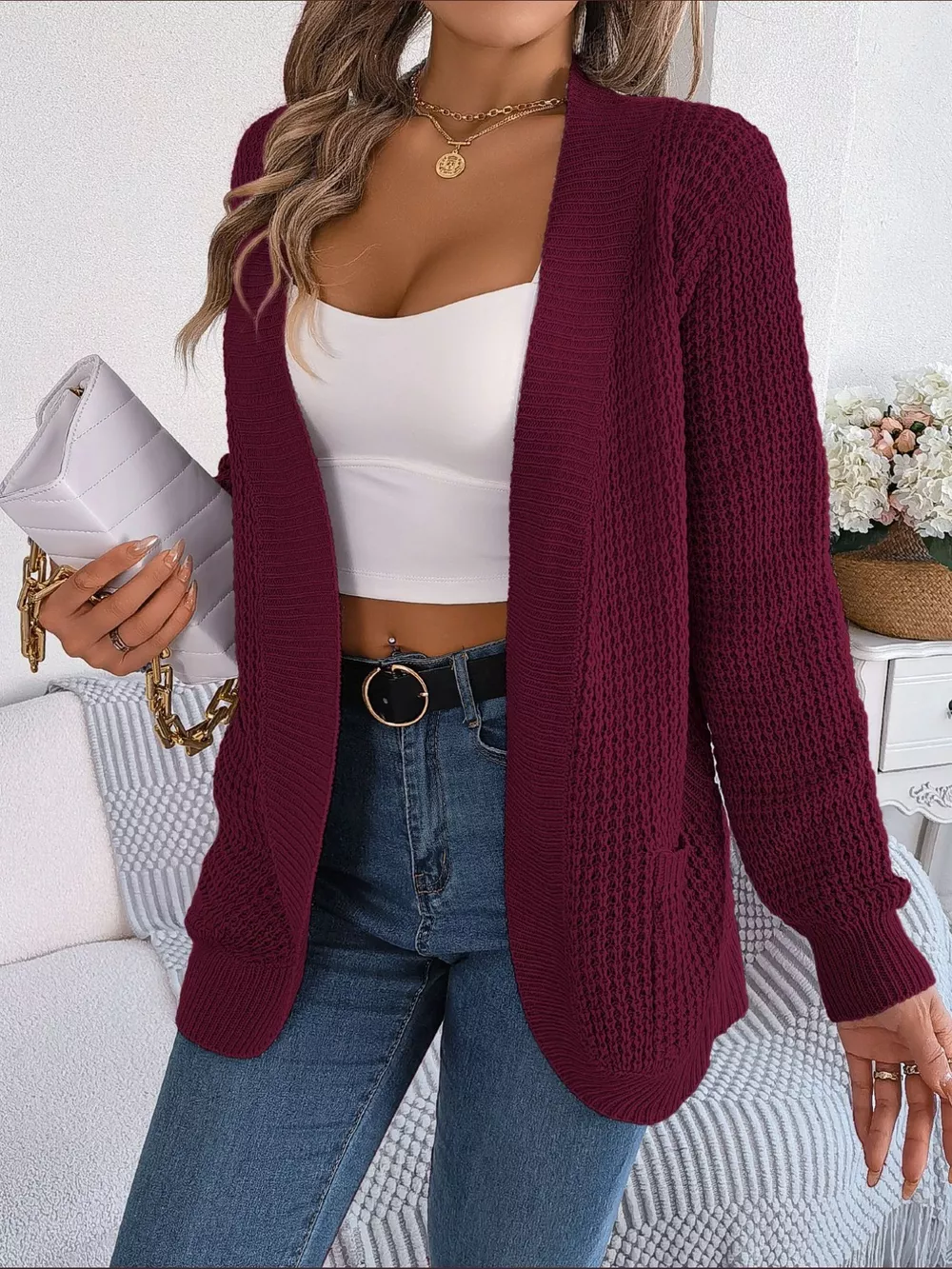 Chunky Knit Open Front Cardigan with Pockets, image 30