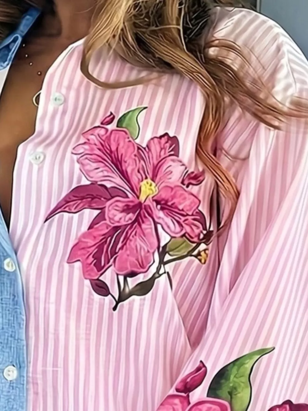 Color-Block Striped Floral Print Oversized Shirt, image 3