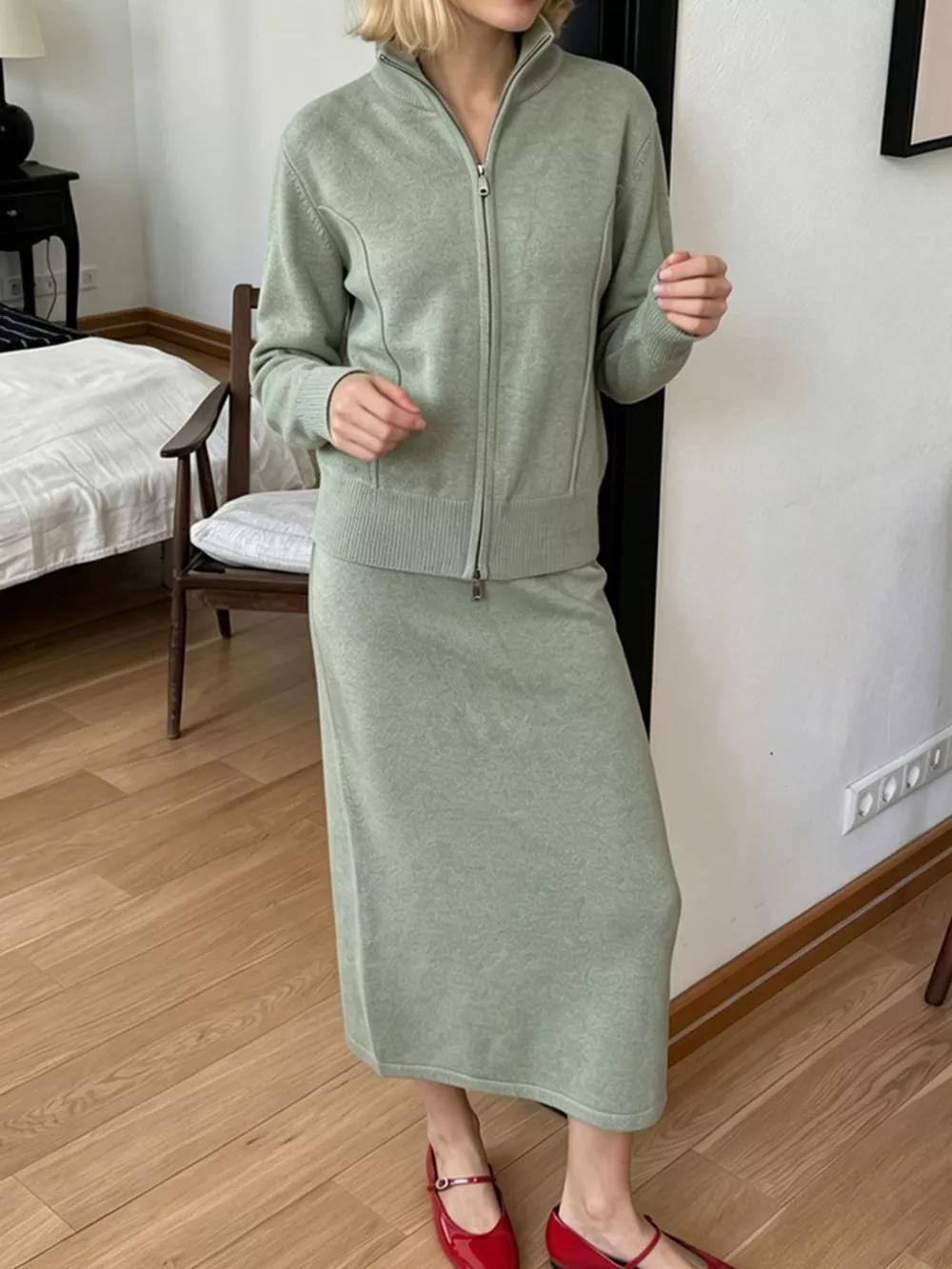 Zip-Up Mock Neck Cardigan and Matching Midi Skirt Sweater Set, image 12