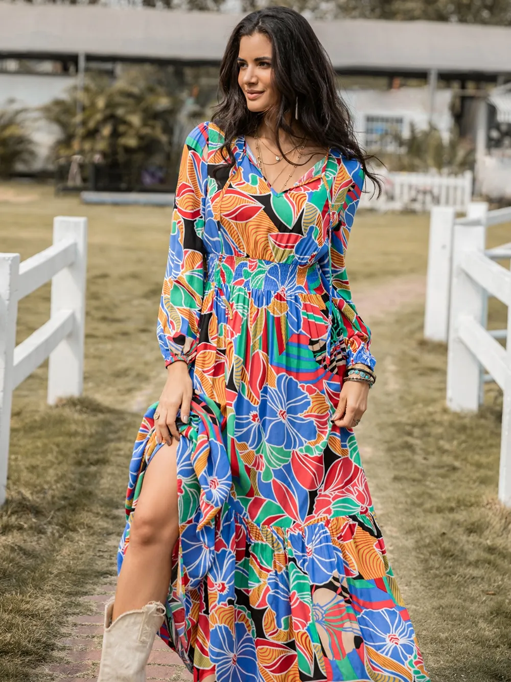 Printed Smocked Tie Neck Balloon Sleeve Maxi Dress, image 6