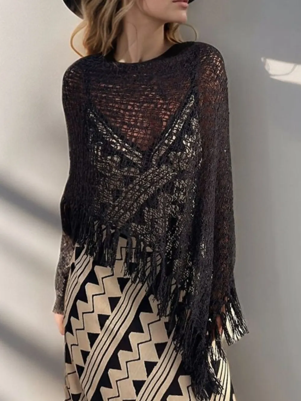 Tassel Boat Neck Knit Shawl, image 12
