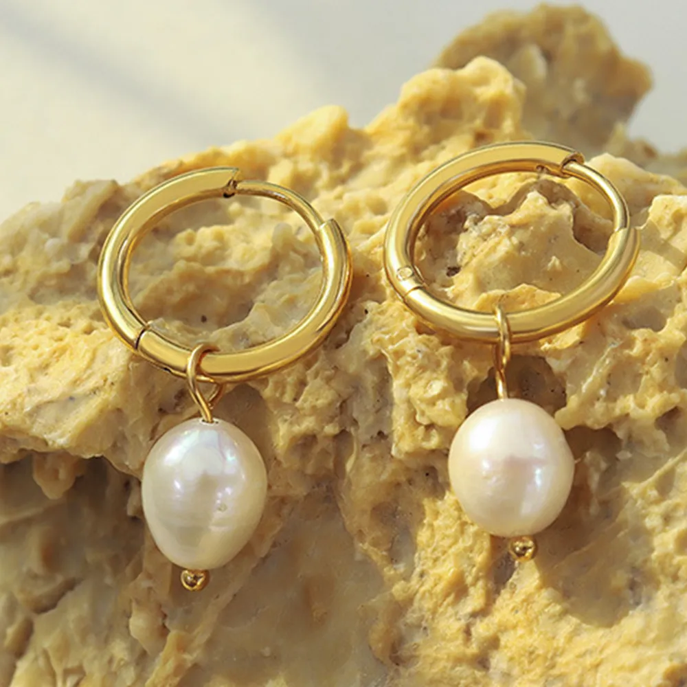 Gold-Plated Titanium Steel Pearl Earrings, image 2
