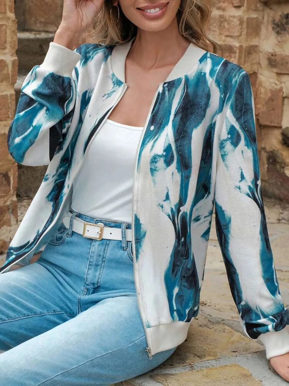 Printed Baseball Collar Zip Up Jacket, image 2