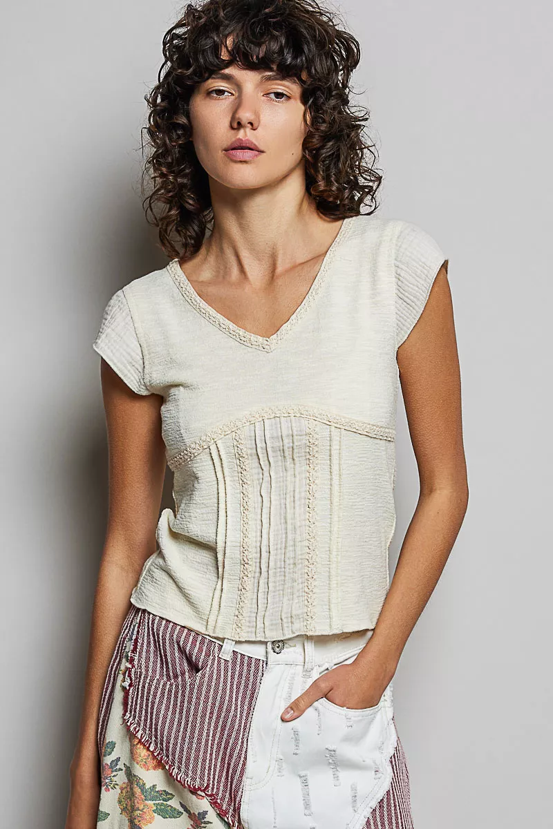 V-Neck Lightweight Textured Short Sleeve Knit Top with Lace Trim, image 15