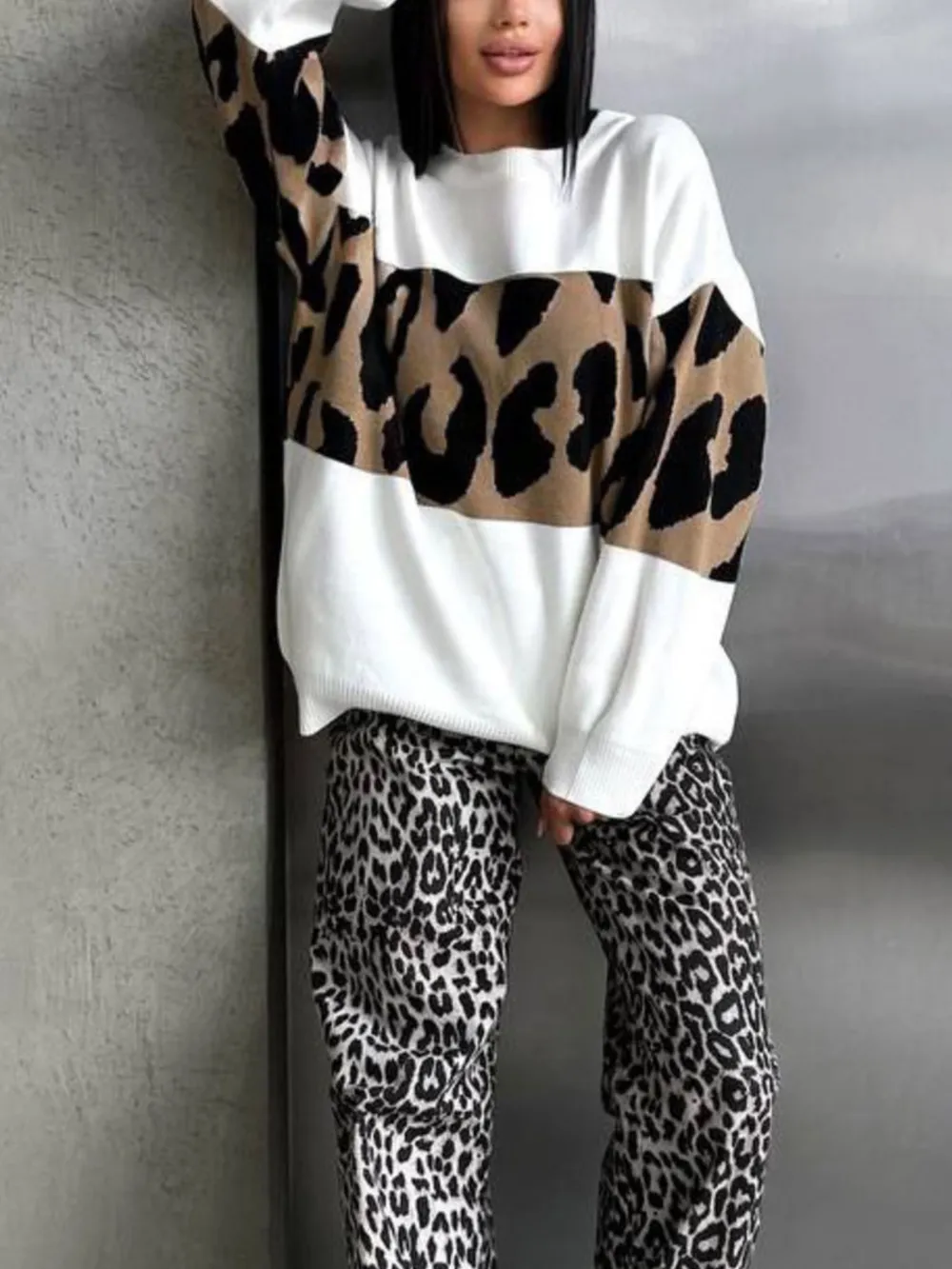 Leopard Color Block Round Neck Sweater, image 7