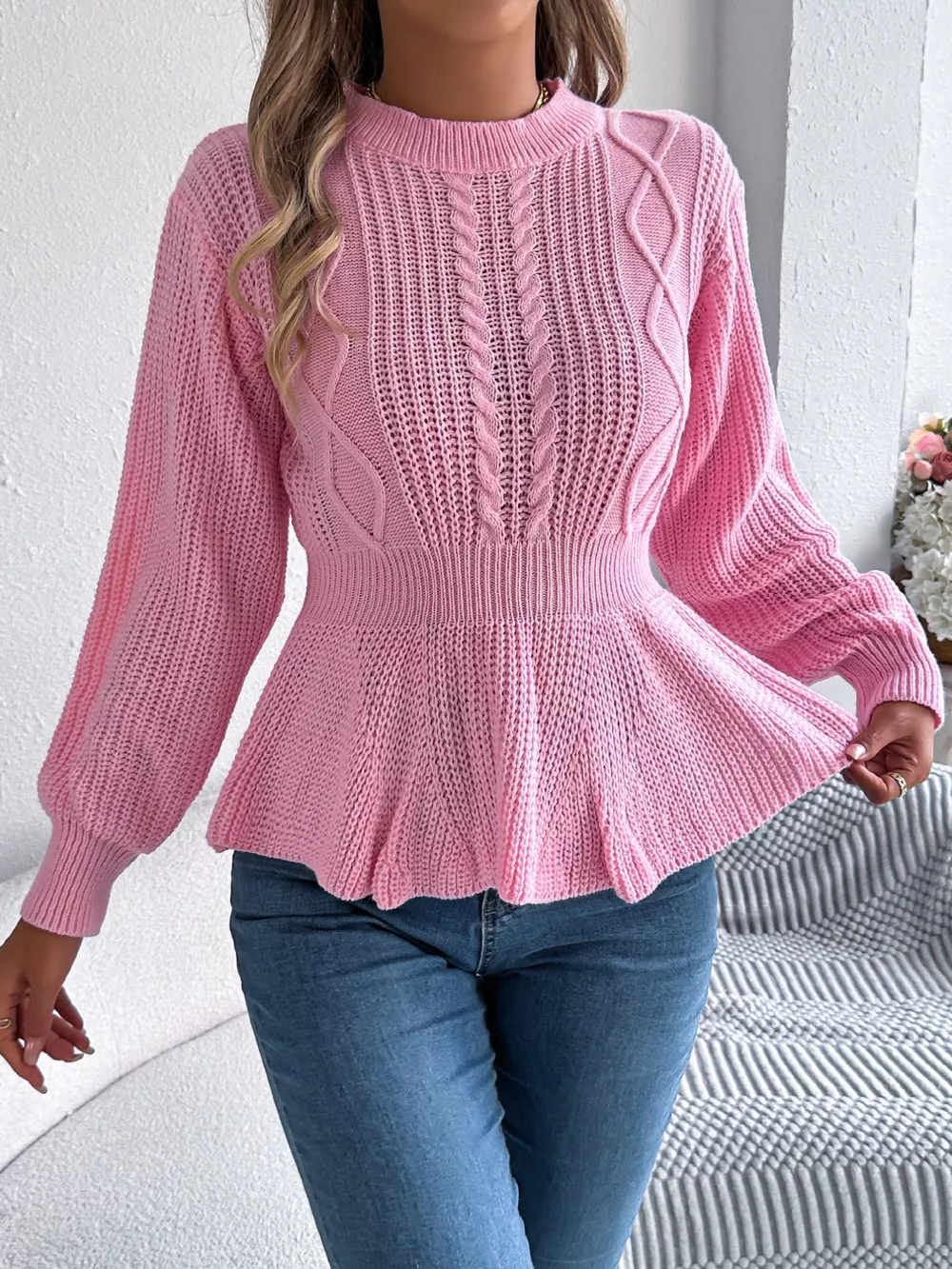Cable Knit Round Neck Peplum Sweater, image 12