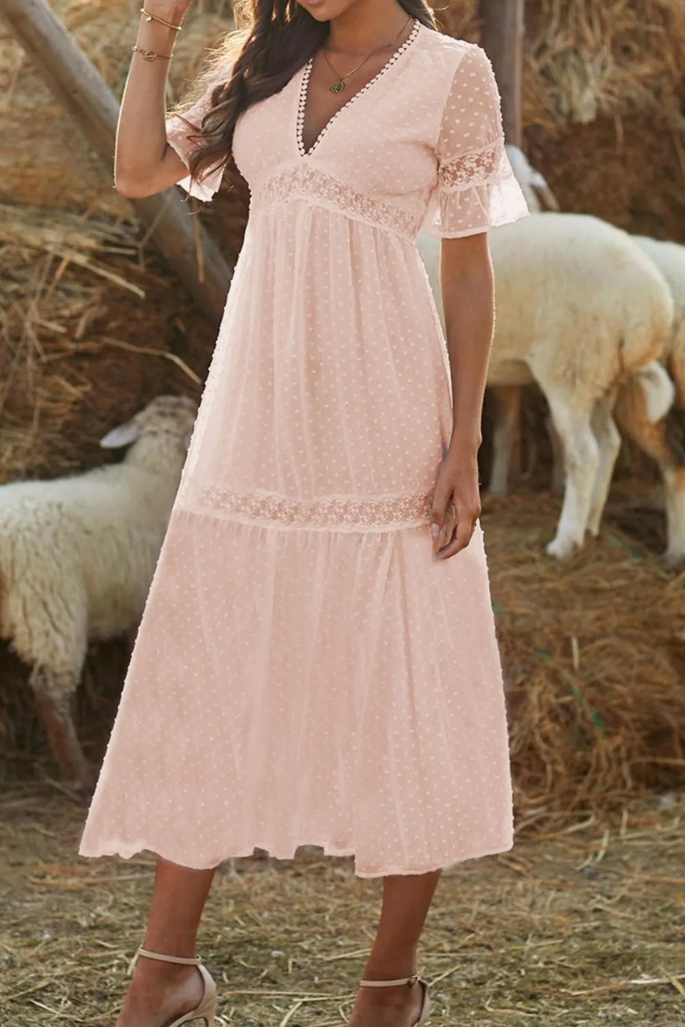 Polka Dot V-Neck Ruffle Midi Dress, image 14
