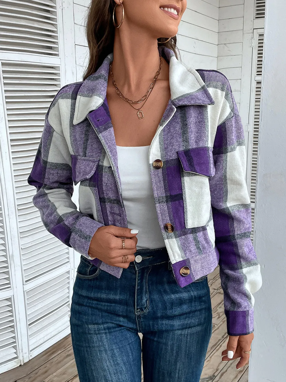 Plaid Button Up Drop Shoulder Cropped Jacket, image 32
