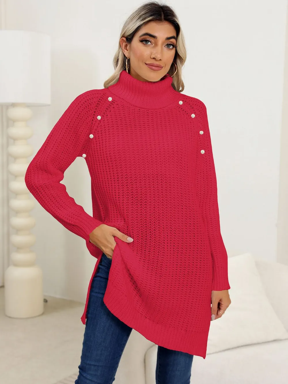 Slit Turtleneck Long Sleeve Sweater, image 15