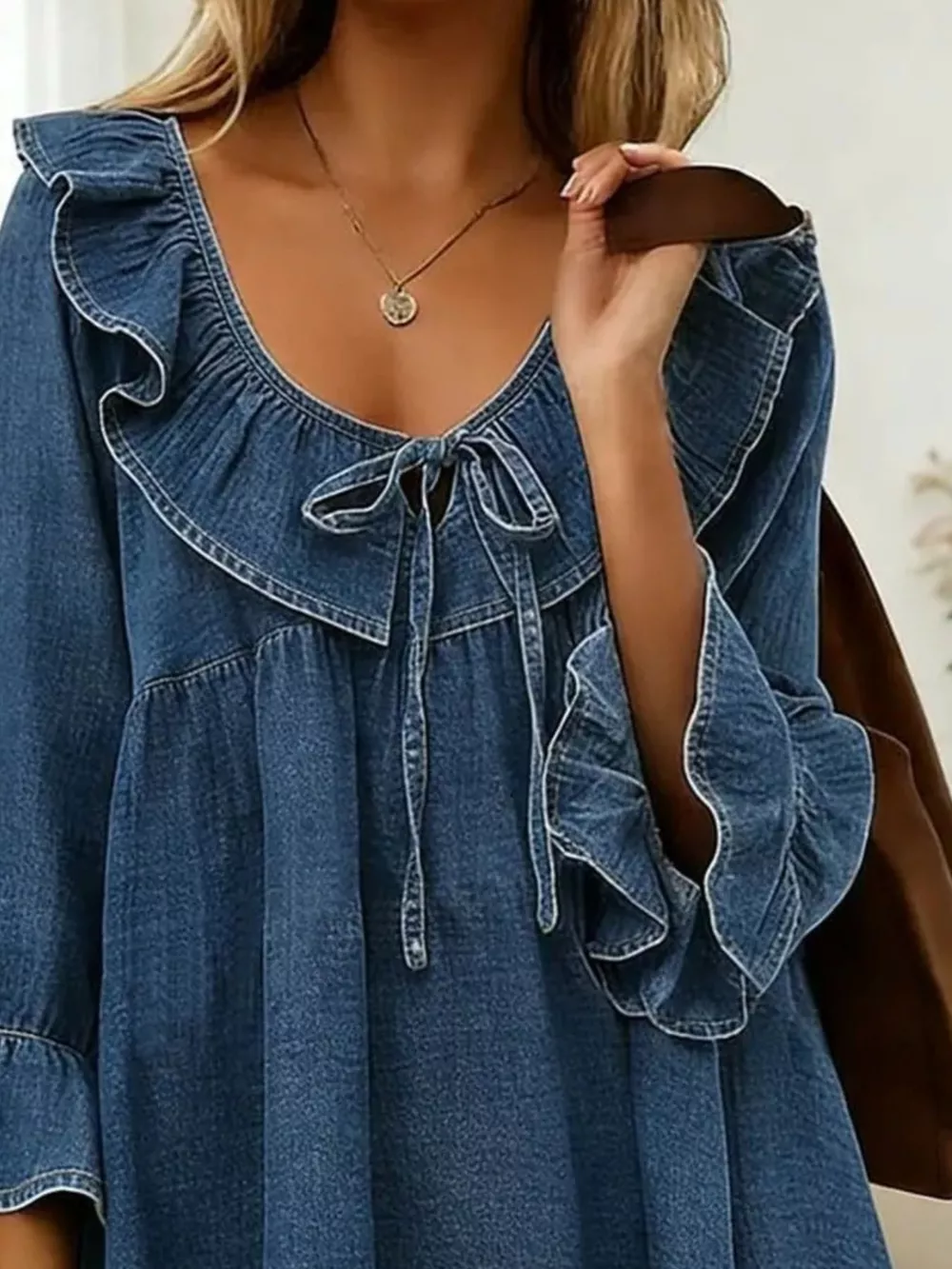 Full Size Ruffled V-Neck Denim Top with Tie-Front Detail Plus Size, image 8