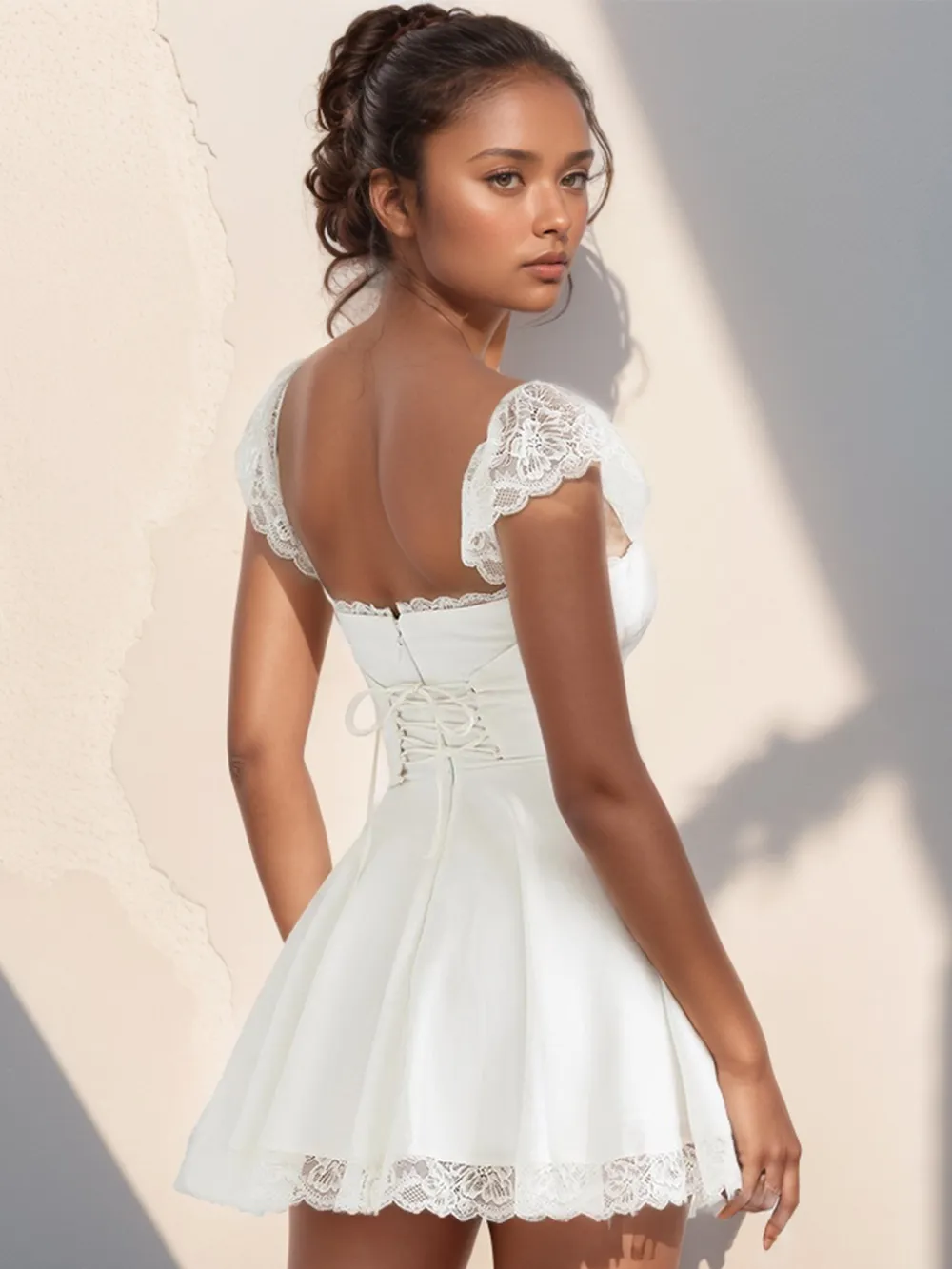 Lace Detail Square Neck Cap Sleeve Mini Dress, image 9