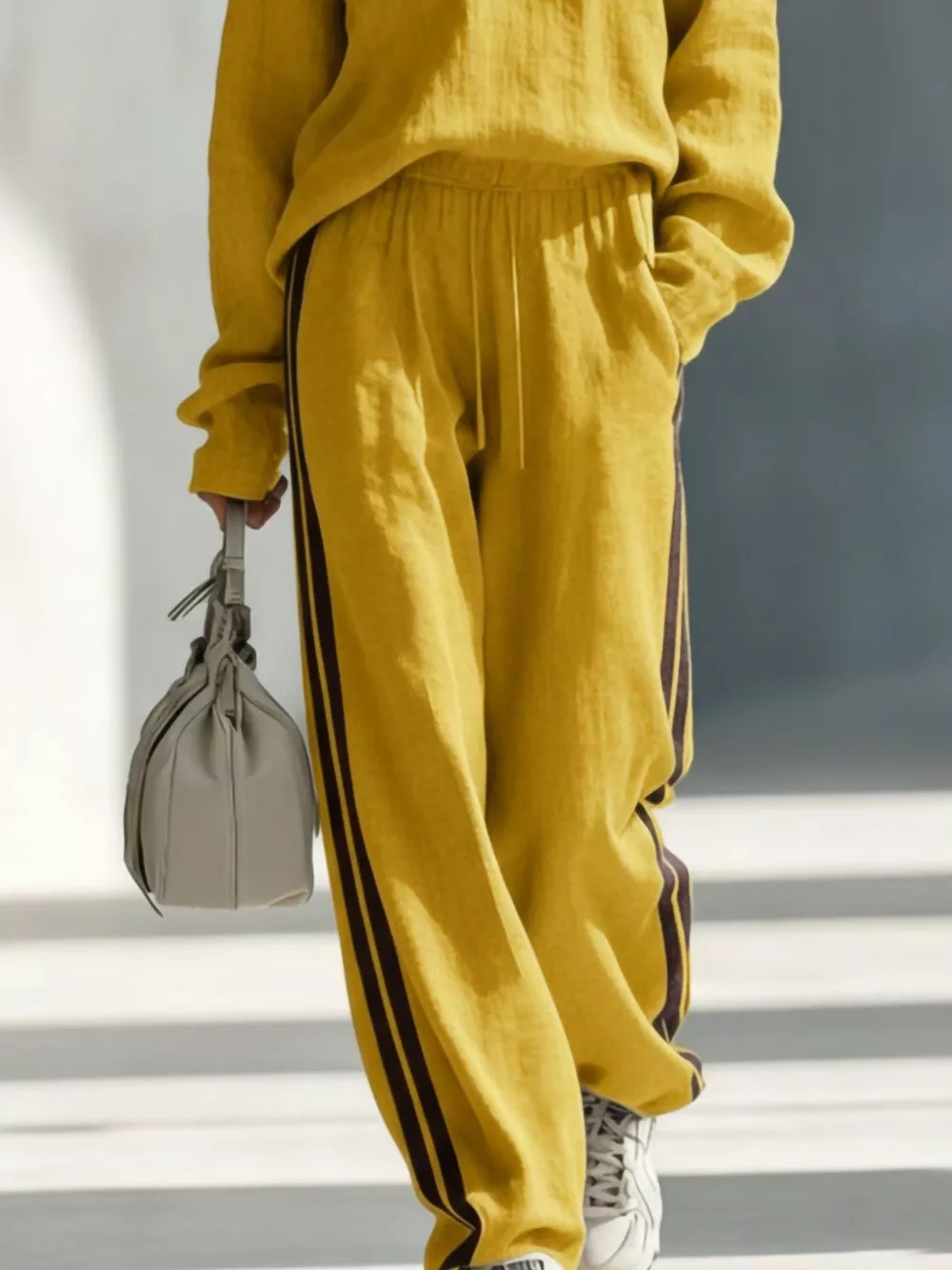 Contrast V-Neck Top and Striped Pants Set, image 9