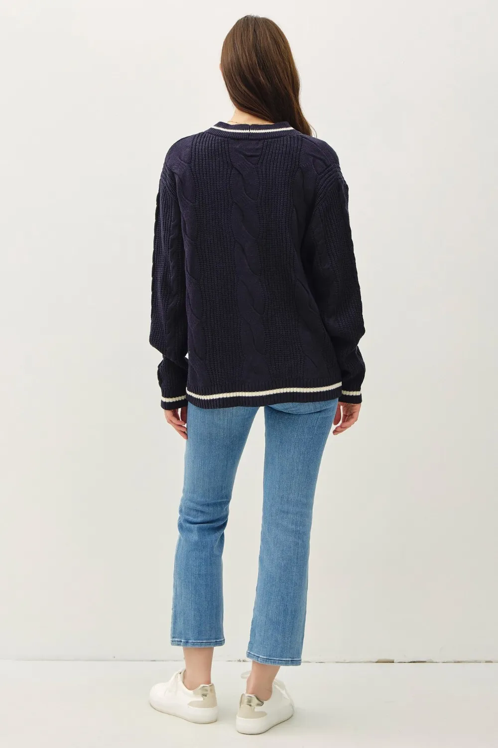 Contrast Trim Cable-Knit V-Neck Cardigan, image 3
