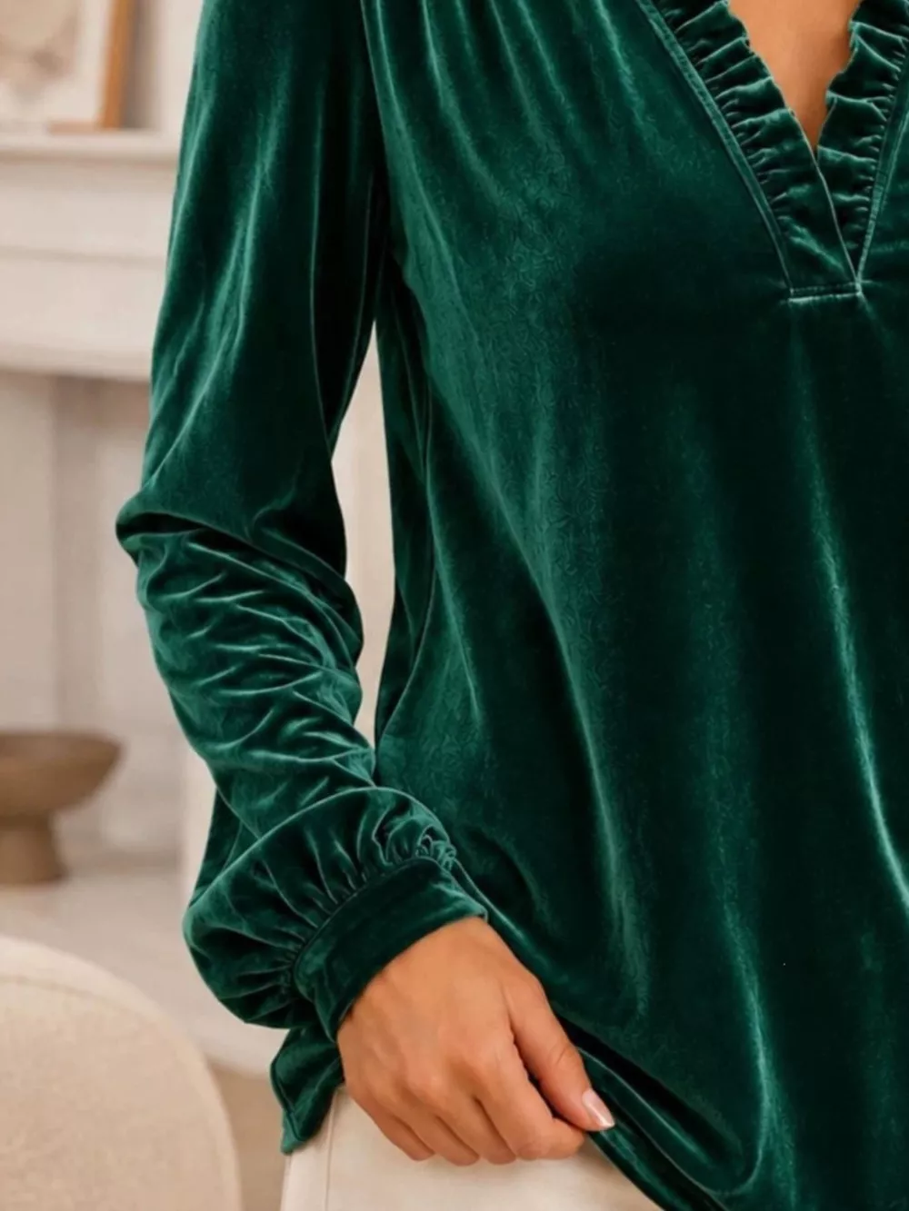 V-Neck Ruffle Trim Velvet Blouse, image 15