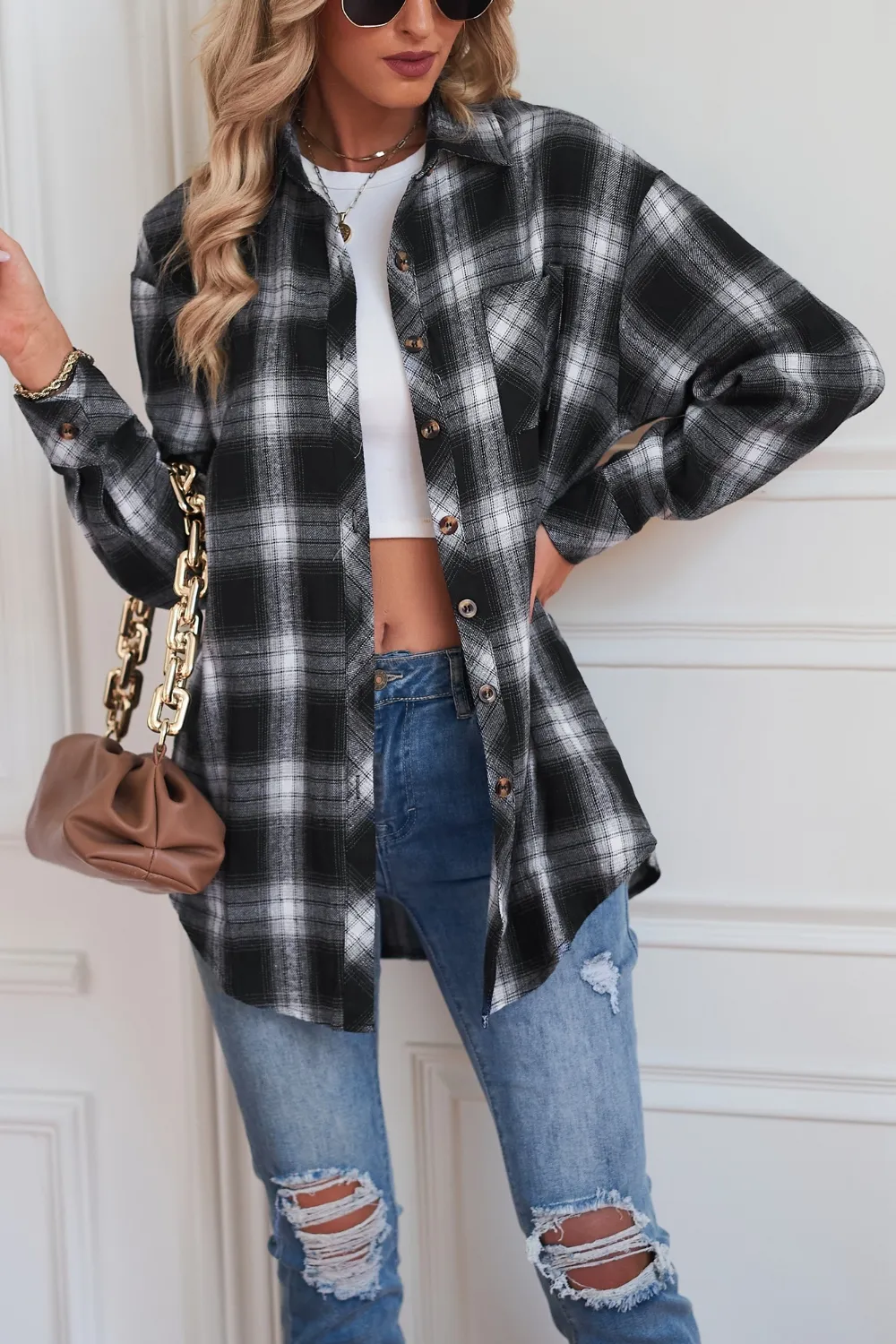 Plaid Button Up Dropped Shoulder Outerwear, image 8