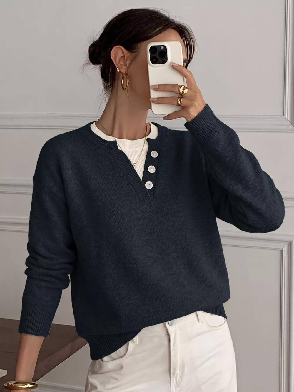 Dropped Shoulder Decorative Button Sweater, image 9