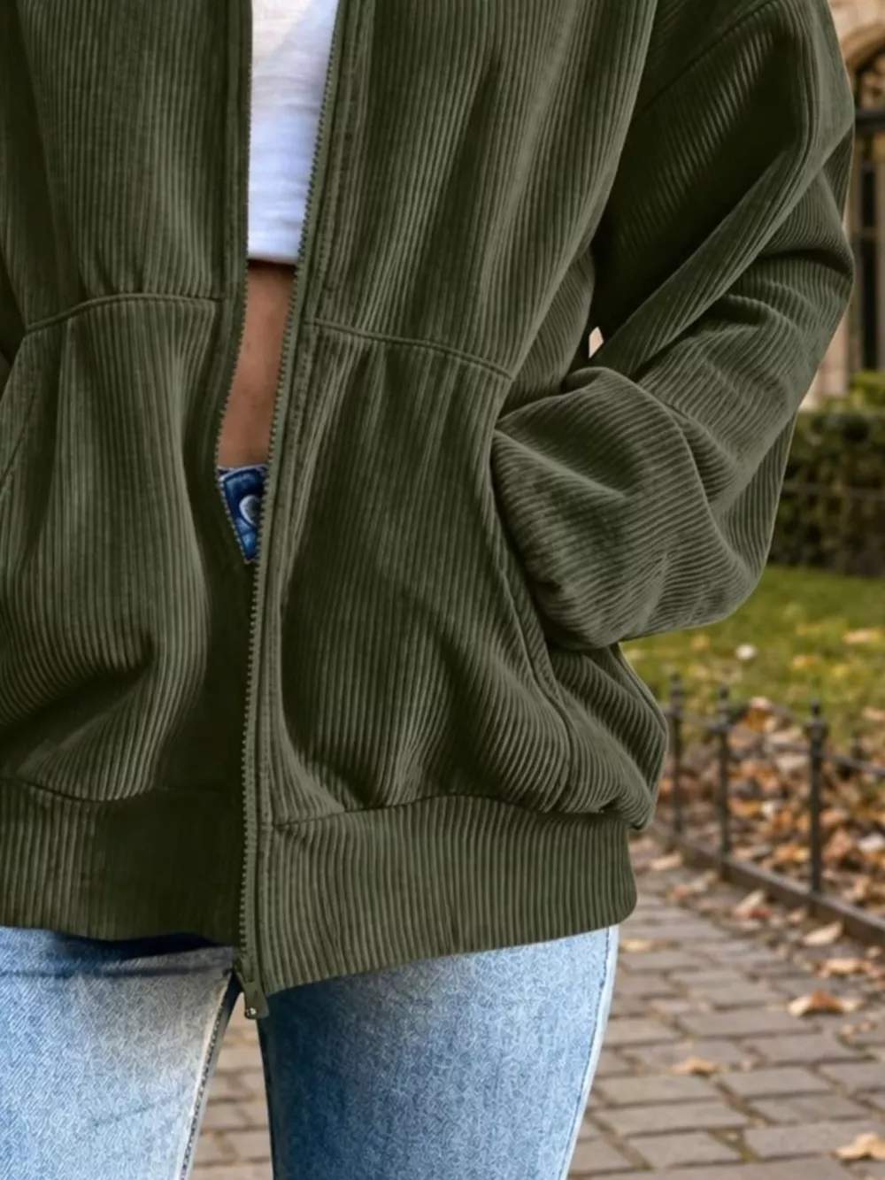 Zip Up Dropped Shoulder Corduroy Jacket, image 6