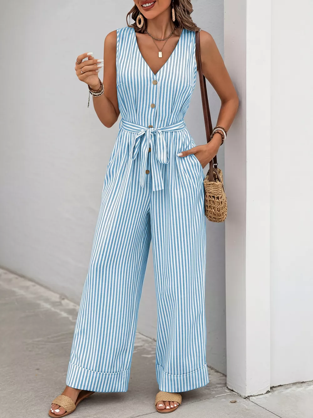 Striped Button-Front Tie Waist Wide Leg Jumpsuit