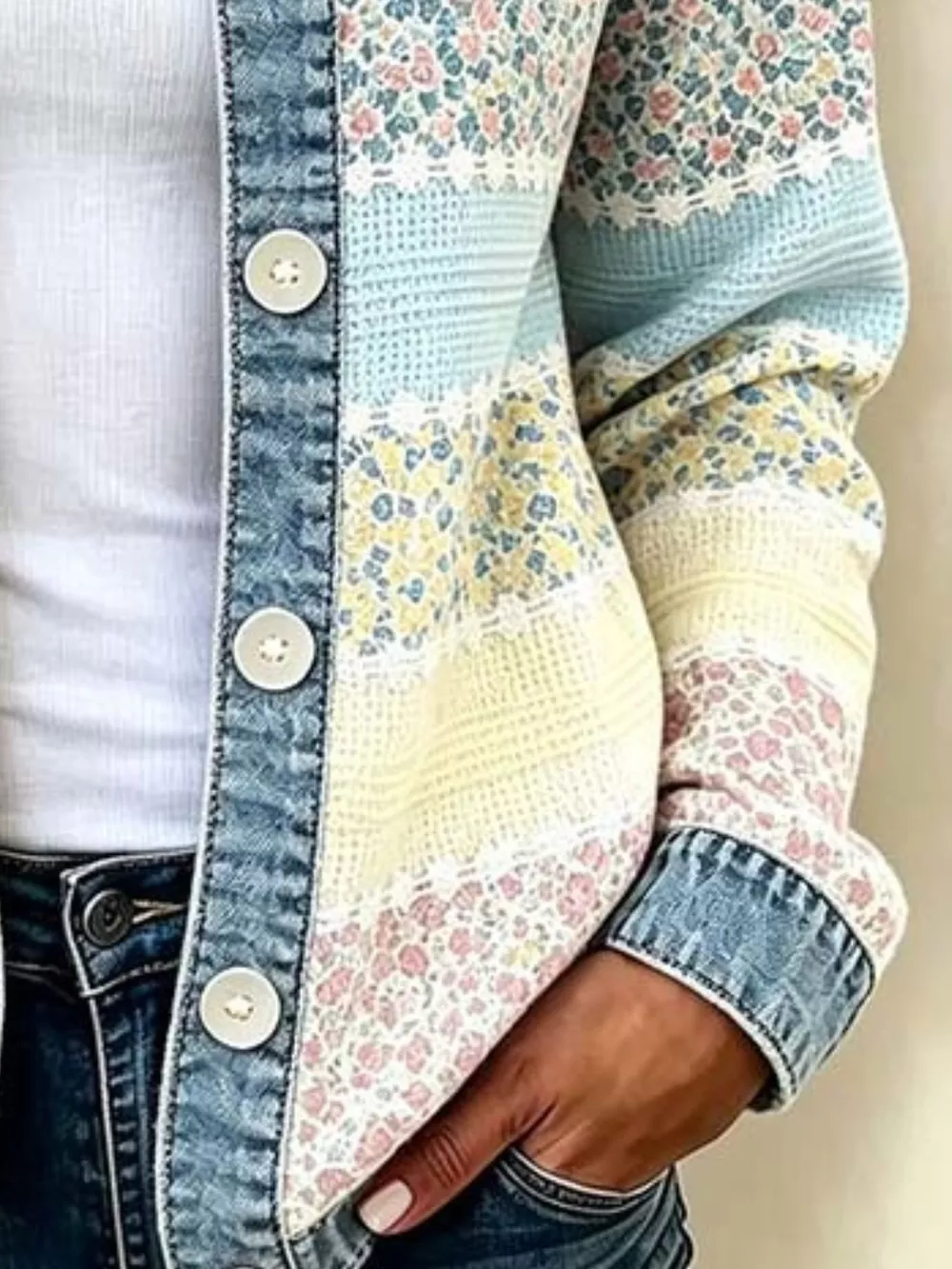 Full Size Floral Patchwork Denim Trim Jacket Plus Size, image 3